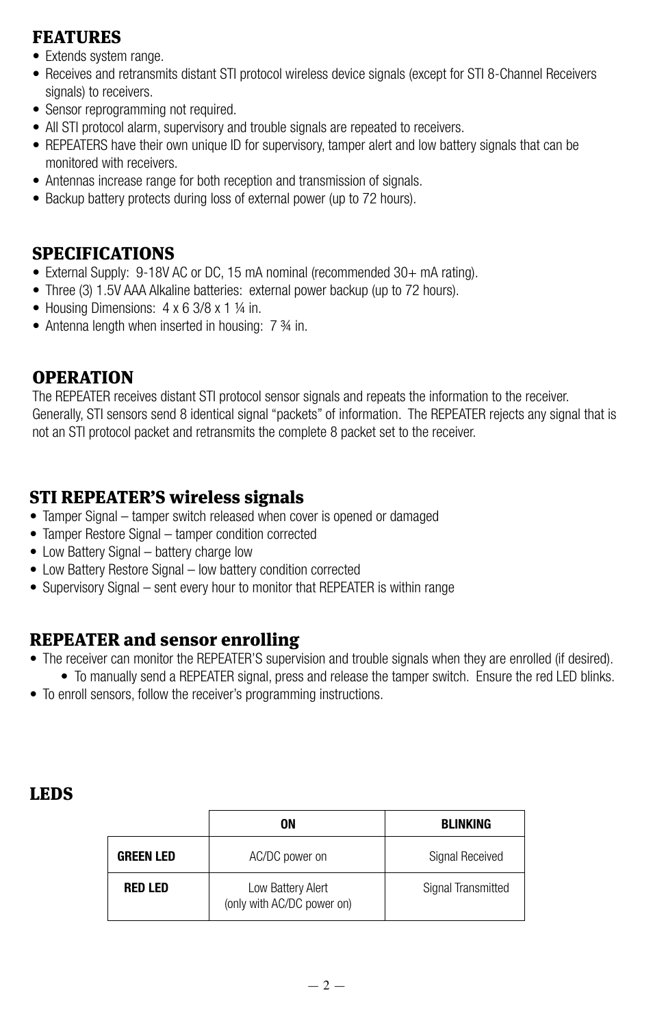 Specifications, Operation, Sti repeater’s wireless signals | Repeater and sensor enrolling, Leds features | STI 34109 User Manual | Page 2 / 6