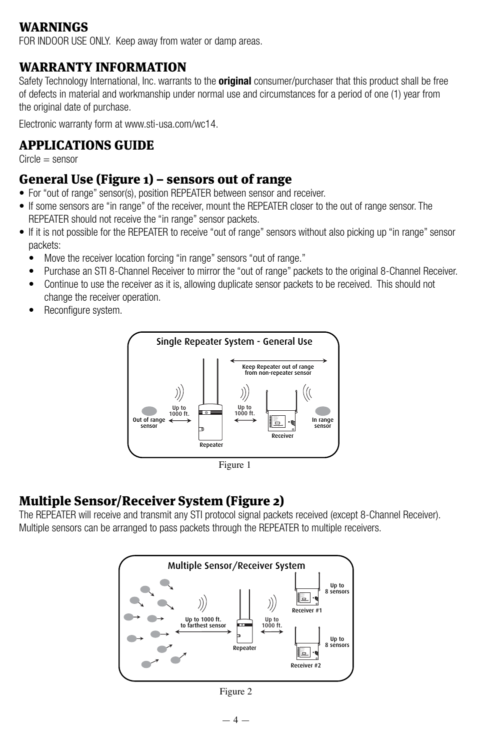 Multiple sensor/receiver system (figure 2), Warnings, Warranty information | Applications guide, General use (figure 1) – sensors out of range, Circle = sensor, Single repeater system - general use, Multiple sensor/receiver system, Extended range system, System with distance between 2 locations | STI 34109 User Manual | Page 4 / 6