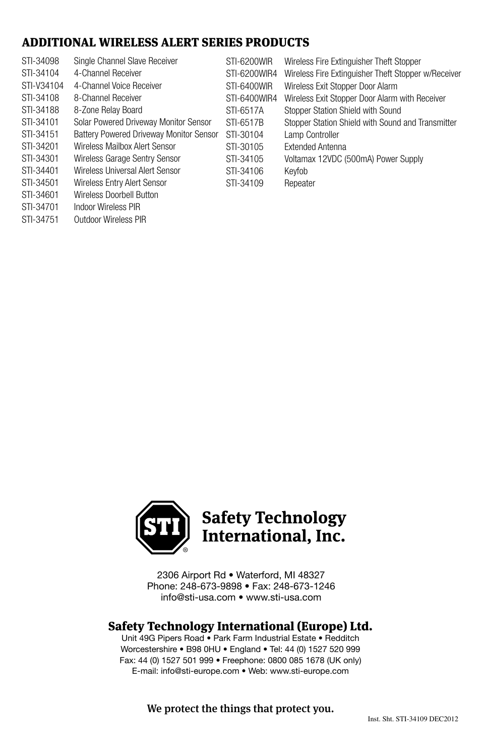 Additional wireless alert series products, Safety technology international (europe) ltd | STI 34109 User Manual | Page 6 / 6