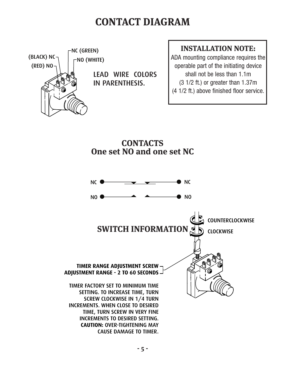 Contact diagram, Switch information, Contacts one set no and one set nc | Lead wire colors in parenthesis | STI SS-2108EX User Manual | Page 6 / 8
