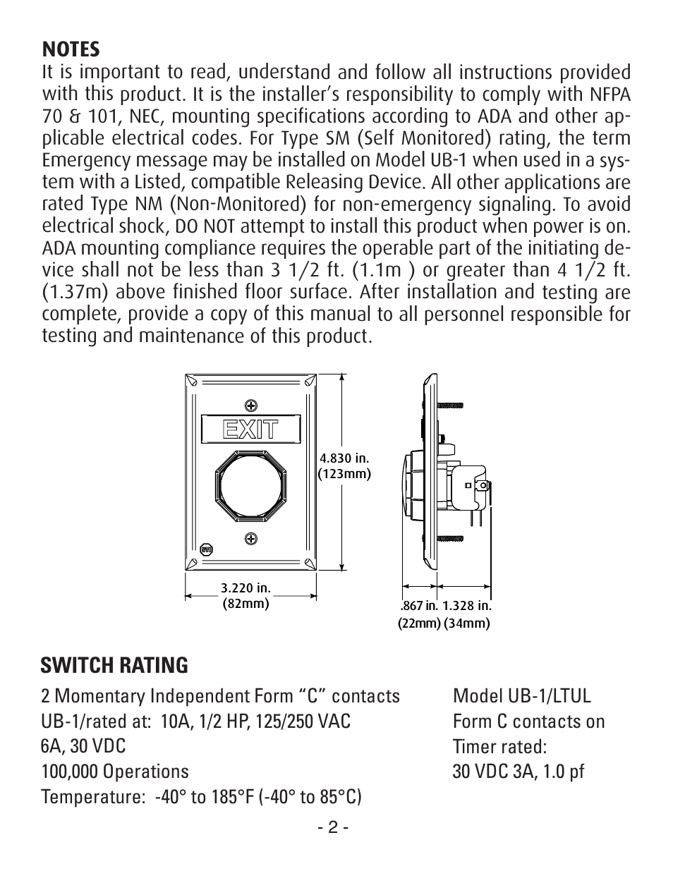 Switch rating | STI SUB-UB-1C User Manual | Page 2 / 8