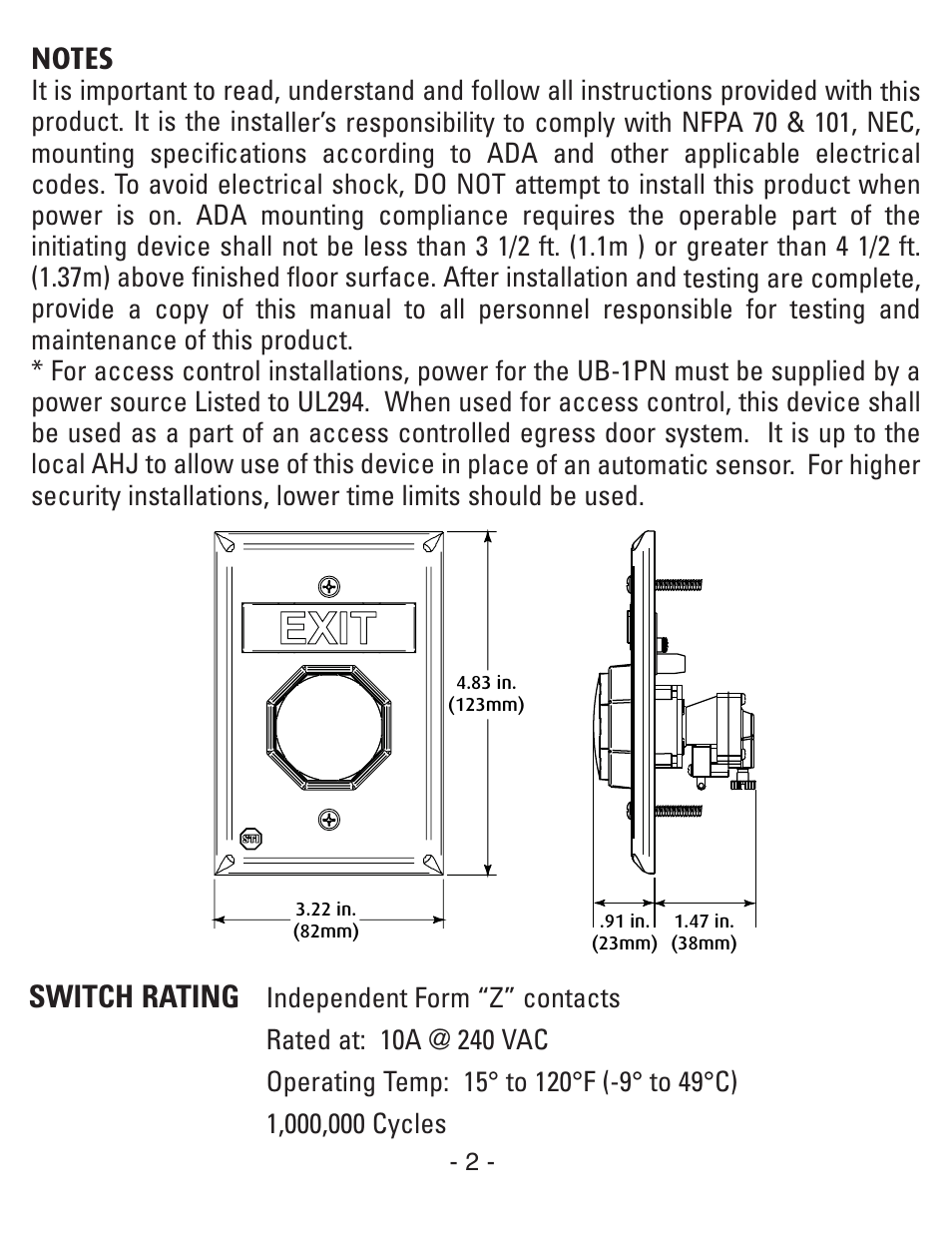 Switch rating | STI UB-1PN User Manual | Page 2 / 8