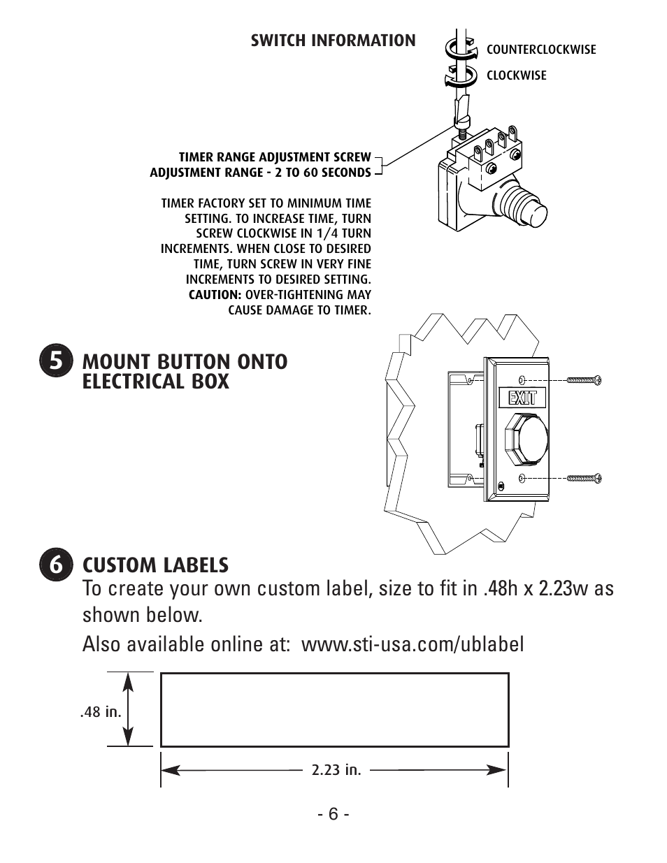 Mount button onto electrical box, Switch information, 23 in in | STI UB-1PN User Manual | Page 6 / 8