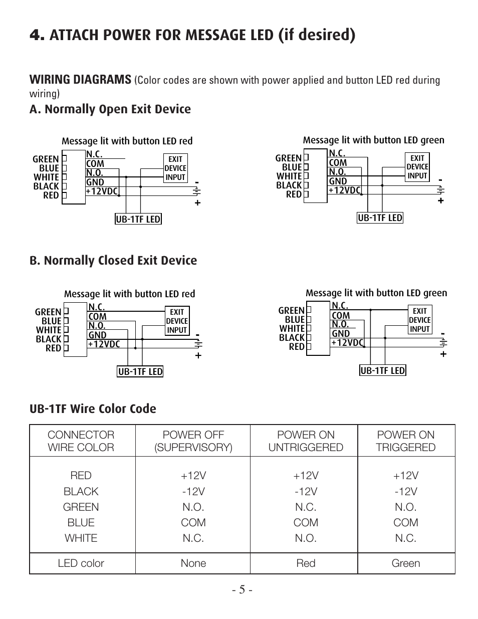 Attach power for message led (if desired), Wiring diagrams | STI UB-1TF User Manual | Page 5 / 8
