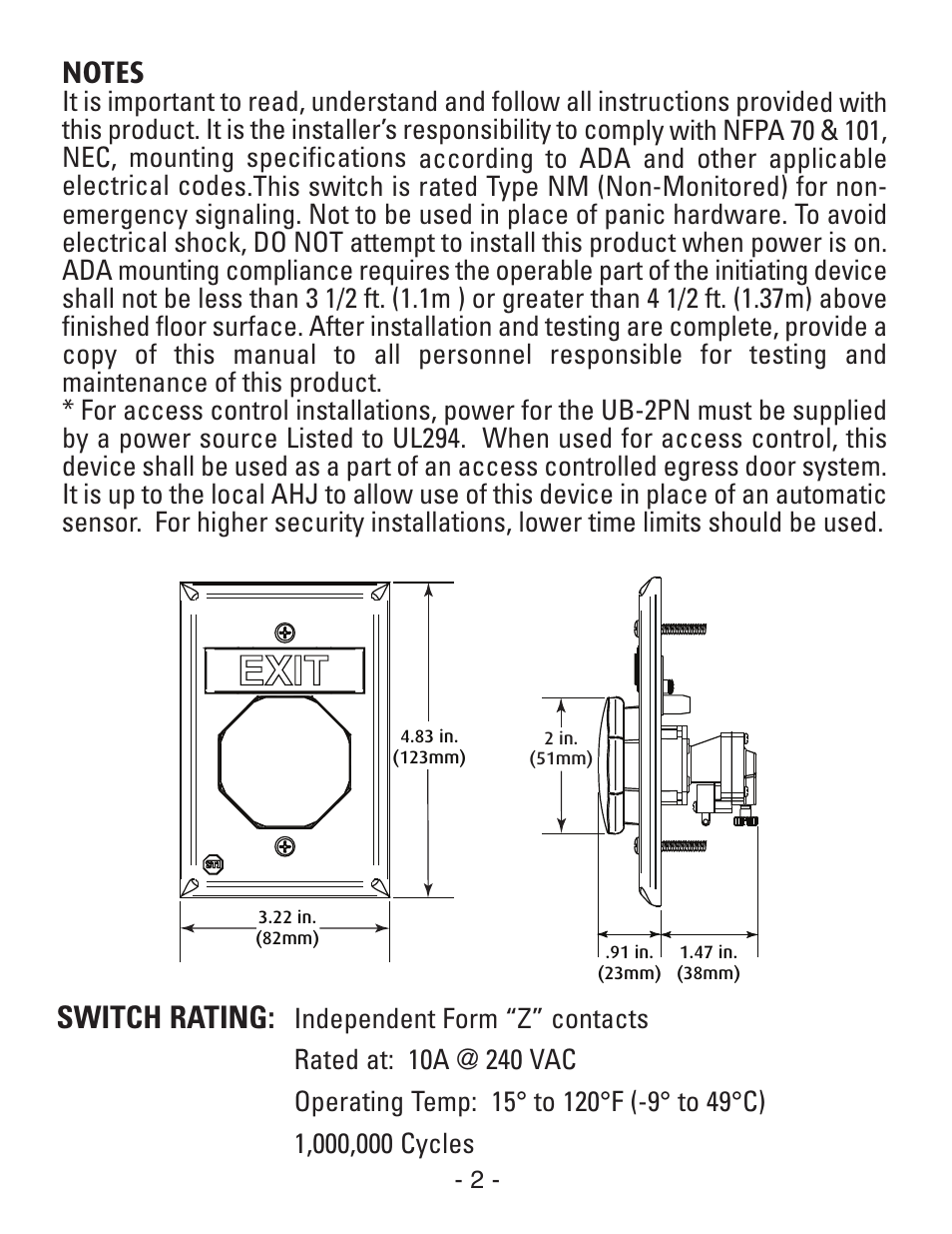 Switch rating | STI UB-2PN User Manual | Page 2 / 8