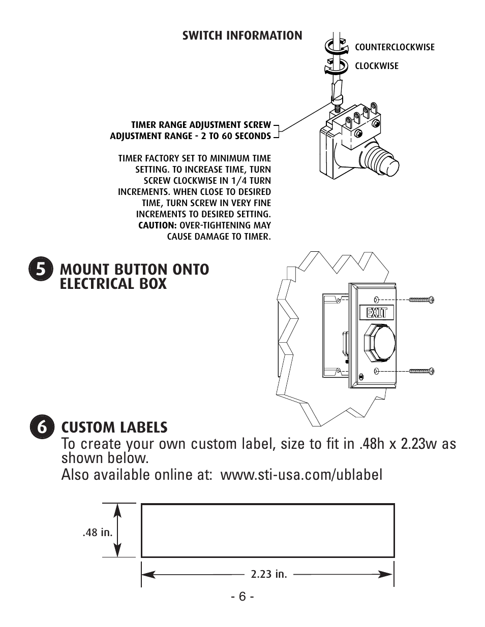 Mount button onto electrical box, Switch information, 23 in in | STI UB-2PN User Manual | Page 6 / 8