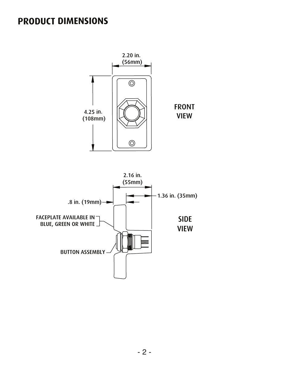 Product dimensions, Side view, Front view | STI SL-2407 User Manual | Page 2 / 8