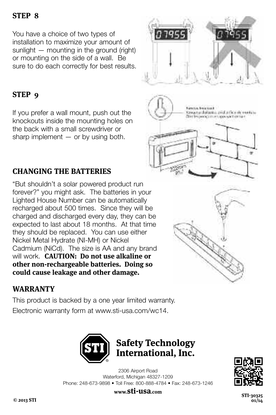 Step 8, Step 9, Changing the batteries | Sti-usa, Warranty | STI 30325 User Manual | Page 4 / 4