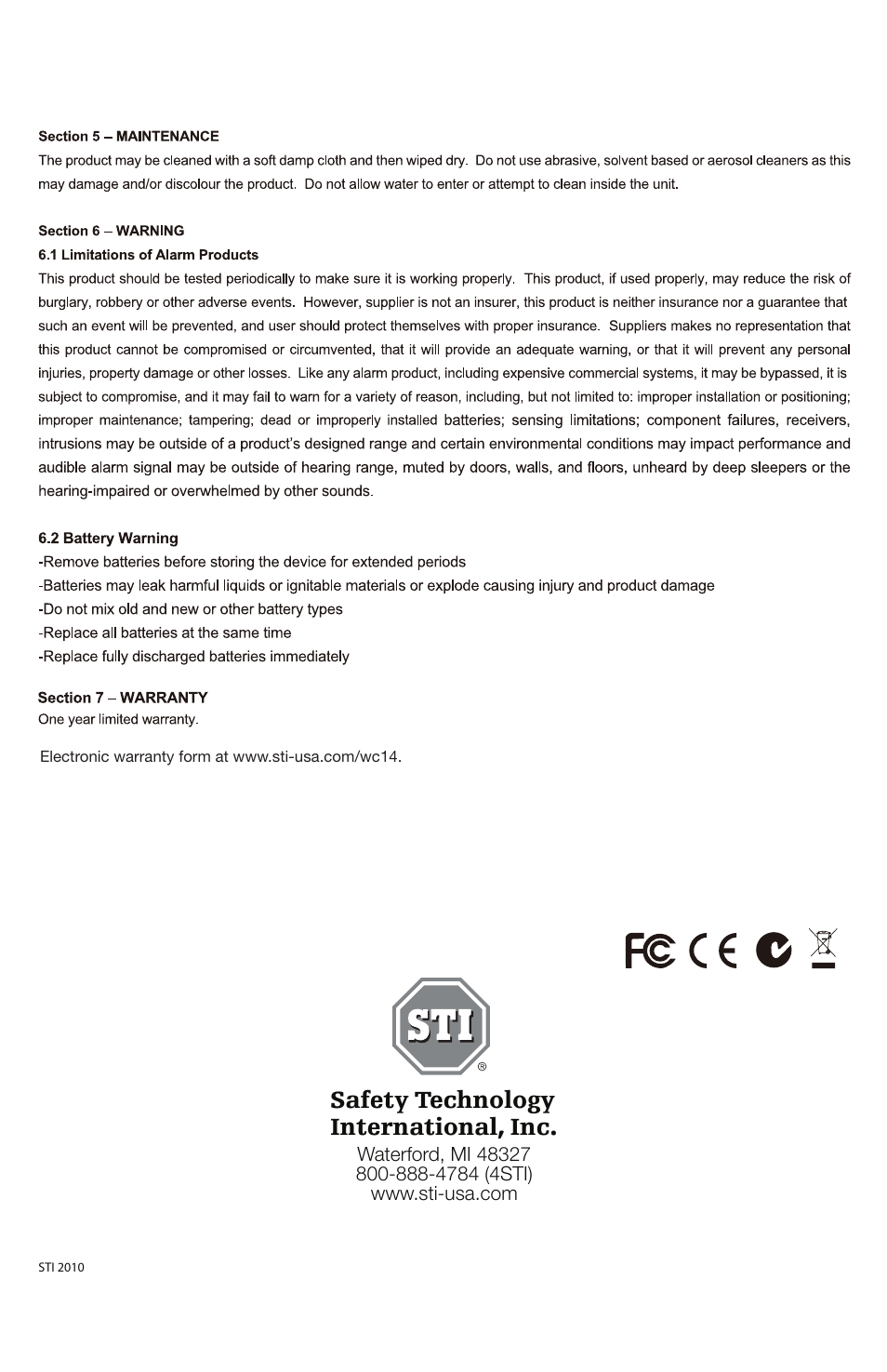 Safety technology international, inc | STI WS110TX User Manual | Page 4 / 4