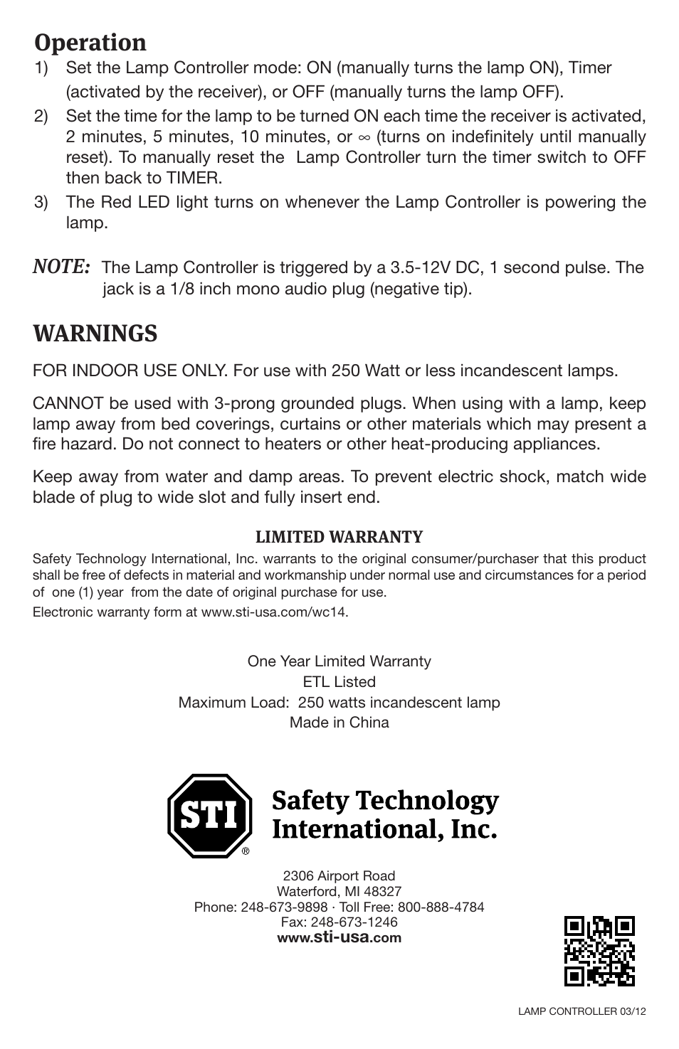 Operation, Warnings | STI 30104 User Manual | Page 2 / 2