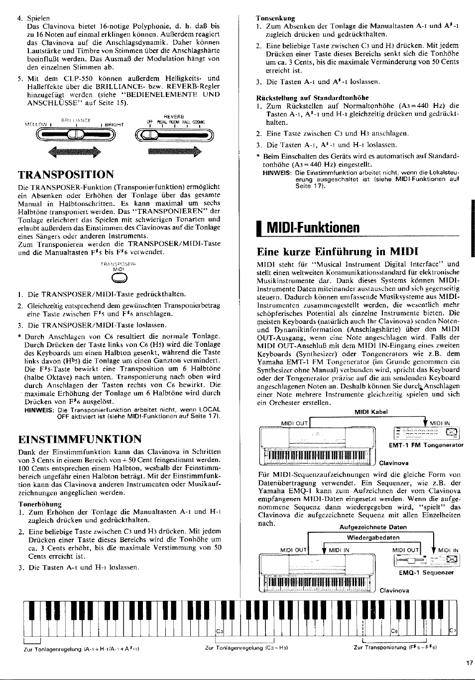 Transposition, Einstimmfunktion, I midi-funktionen | Eine kurze einführung in midi, Midi-funktionen, I1" nra ini, Iiini, M w ulli, 11 c | Yamaha CLP-350 User Manual | Page 11 / 19