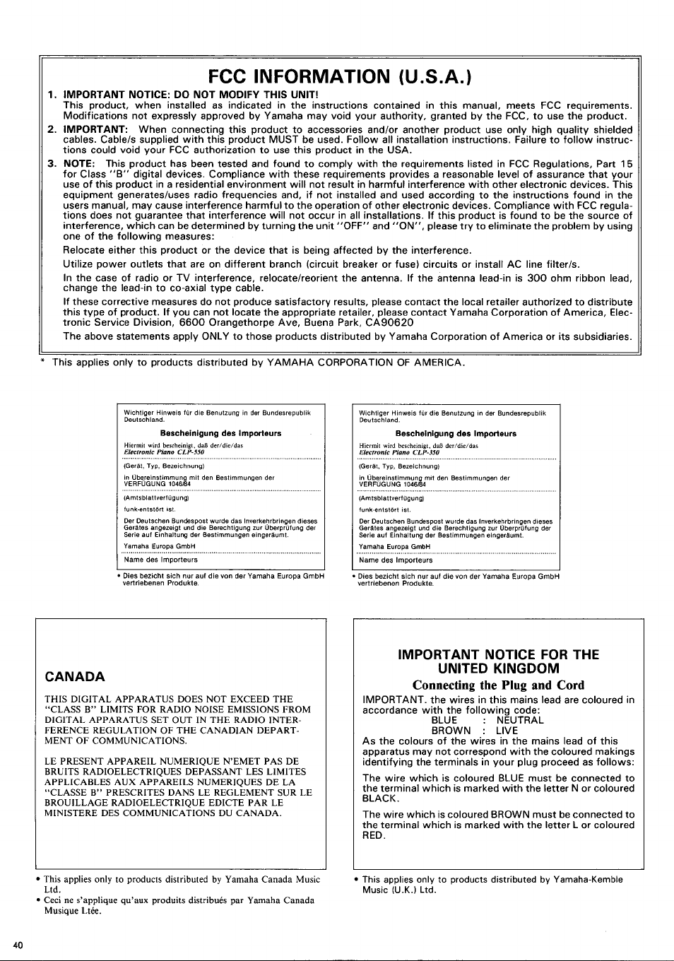 Fcc information (u.s.a.), Connecting the plug and cord, Canada | Yamaha CLP-350 User Manual | Page 18 / 19