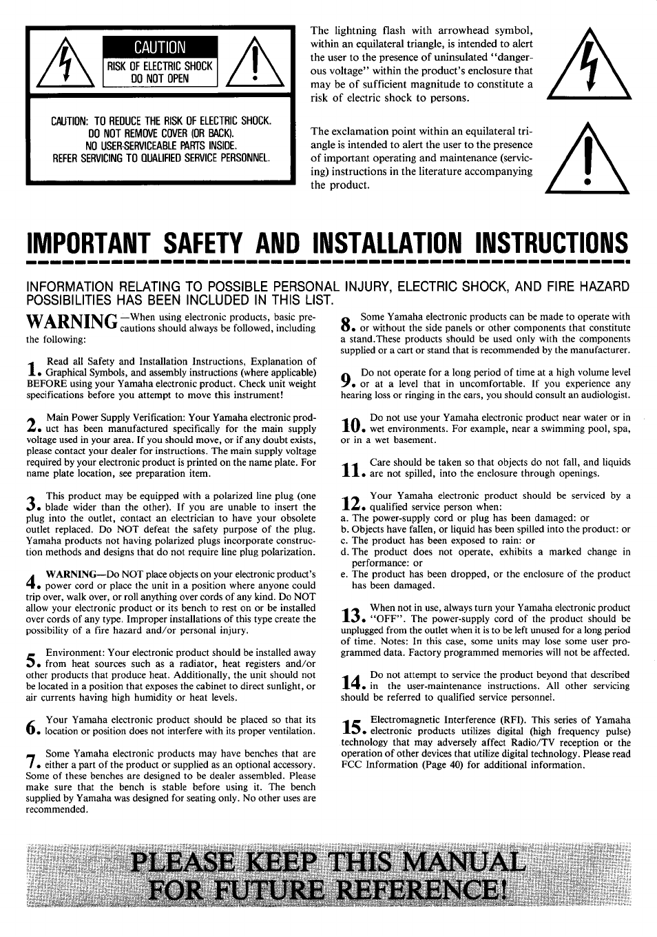 This manual, Important safety and installation instructions, Caution | Yamaha CLP-350 User Manual | Page 2 / 19