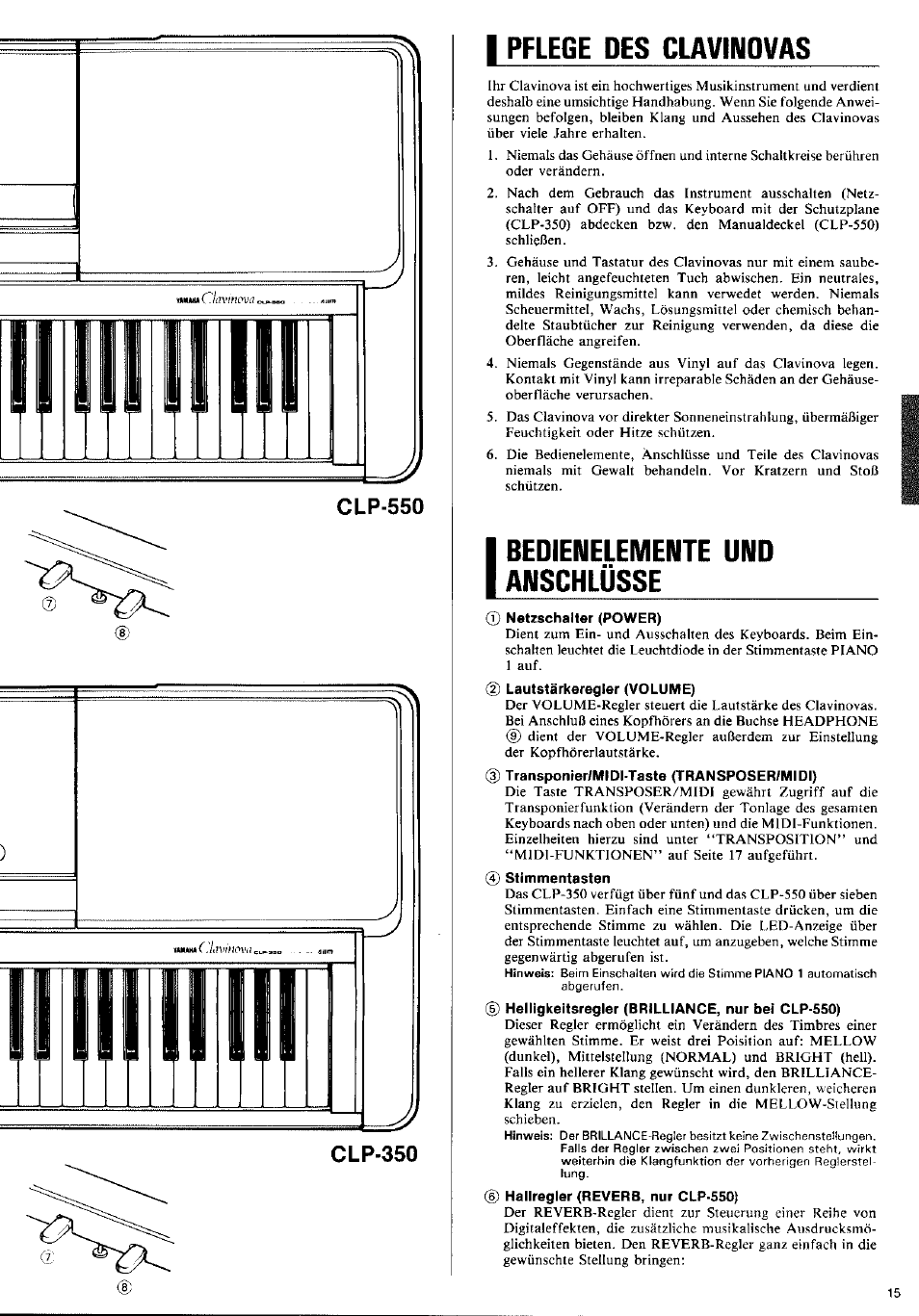 I pflege des claviwovas, Bedienelemente und anschlüsse, Pflege des clavinovas | Pflege des claviwovas | Yamaha CLP-350 User Manual | Page 9 / 19