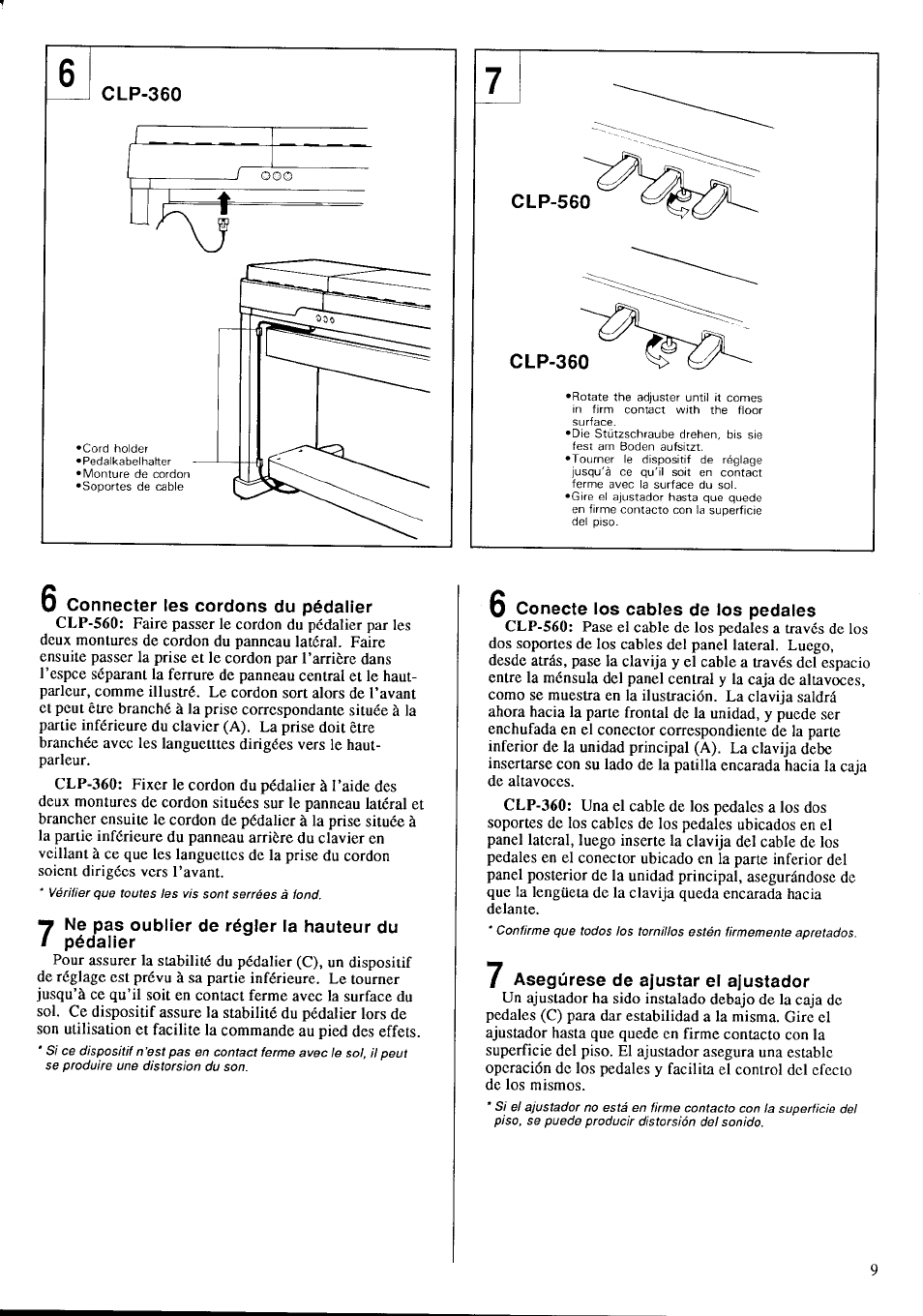 D connecter les cordons du pédalier, 6 conecte los cables de los pedales, 7 asegúrese de ajustar el ajustador | Yamaha Clavinova CLP-360 User Manual | Page 11 / 28