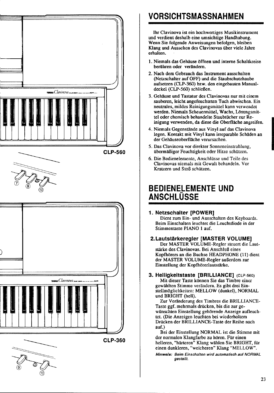 Clp-360, Vorsichtsmassnahmen, Bedienelemente und anschlüsse | Netzschalter [power, Lautstärkeregler [master volume, Helligkeitstaste [brilliance] (clp-560) | Yamaha Clavinova CLP-360 User Manual | Page 13 / 28