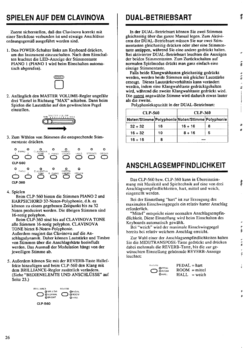 Spielen auf dem clavinova, Anschlagsempfindlichkeit, Dual-betriebsart | Yamaha Clavinova CLP-360 User Manual | Page 16 / 28