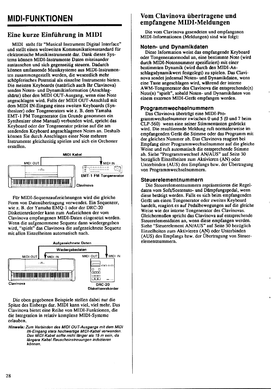 Midi-funktionen, Eine kurze einführung in midi, Vom clavinova übertragene und empfangene | Midi-meldungen | Yamaha Clavinova CLP-360 User Manual | Page 18 / 28
