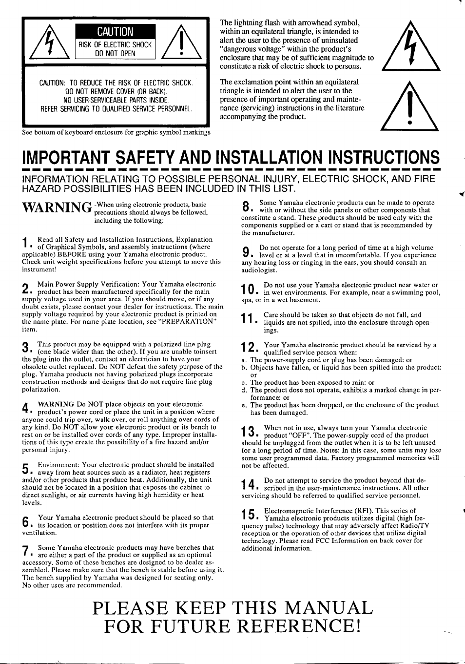 Please keep this manual for future reference, Important safety and installation instructions, Caution | Yamaha Clavinova CLP-360 User Manual | Page 2 / 28
