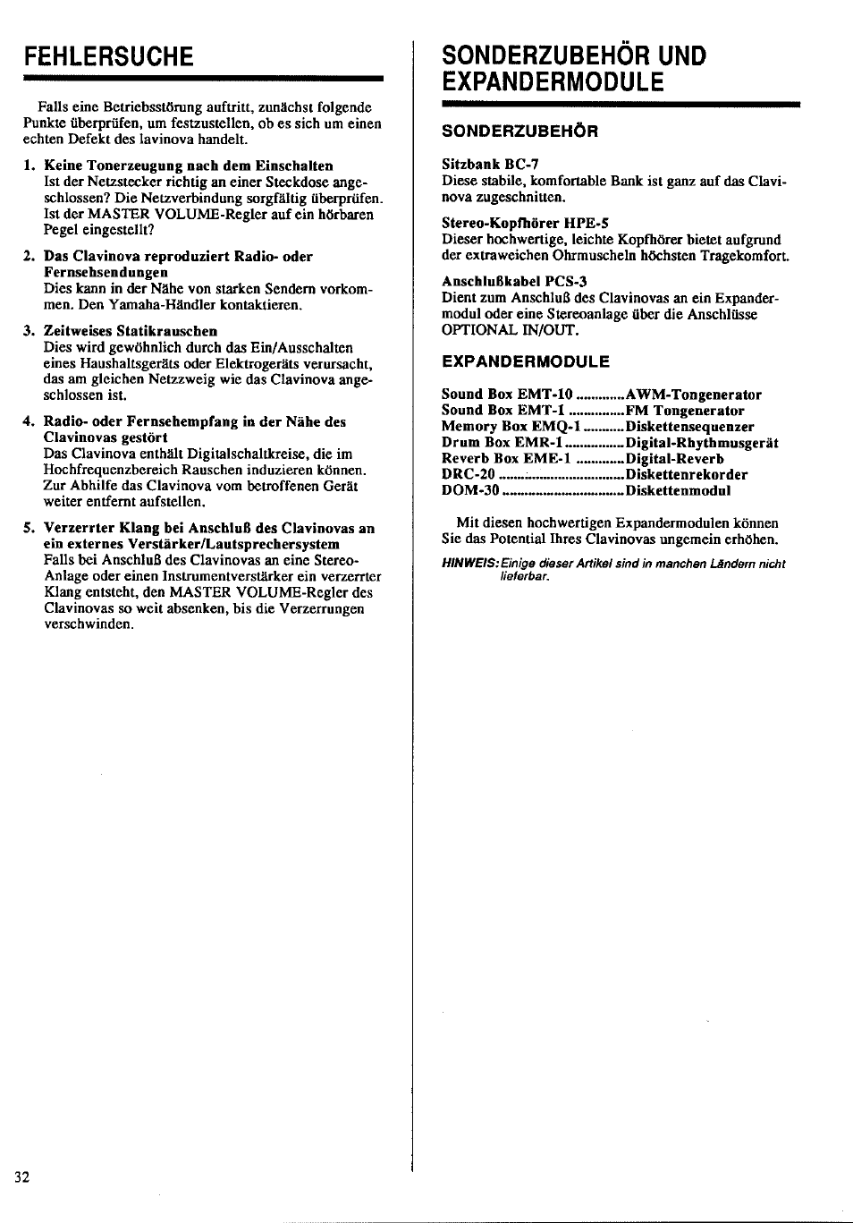 Fehlersuche, Sonderzubehör und expandermodule | Yamaha Clavinova CLP-360 User Manual | Page 22 / 28