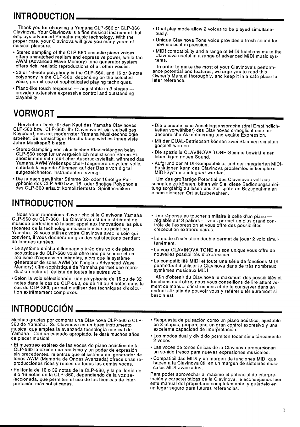Introduction, Vorwort, Introducción | Yamaha Clavinova CLP-360 User Manual | Page 3 / 28