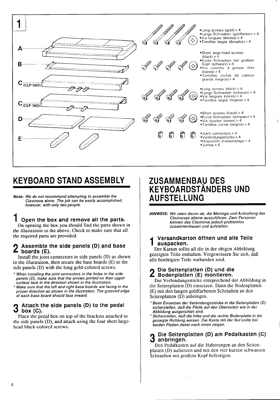 Keyboard stand assembly, Open the box and remove all the parts, Zusammenbau des keyboardständers und aufstellung | Zusammenbau des keyboardständers, Und aufstellung | Yamaha Clavinova CLP-360 User Manual | Page 6 / 28