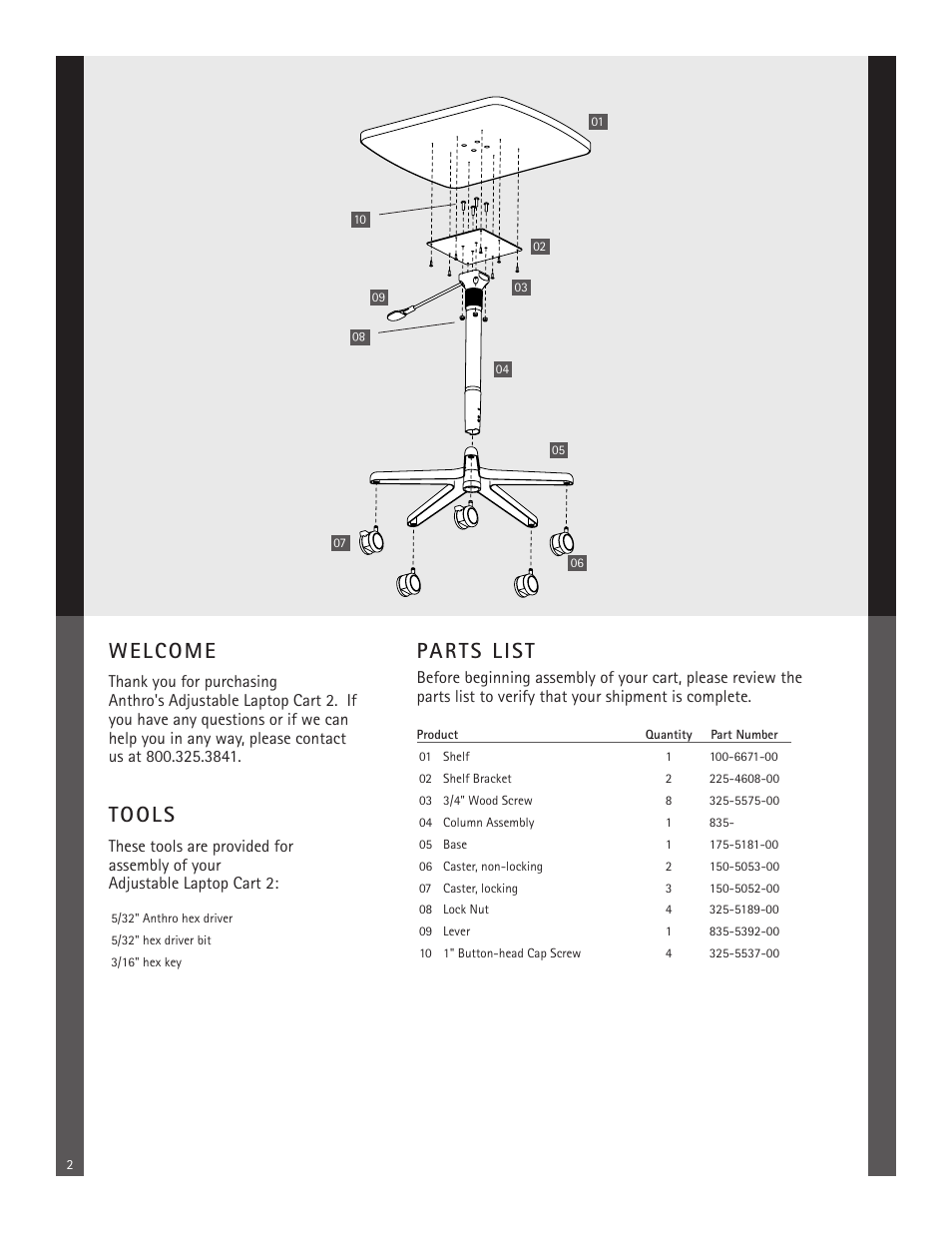 Welcome, Tools, Parts list | Anthro Adjustable Laptop Cart 2 Assembly Instructions User Manual | Page 2 / 4