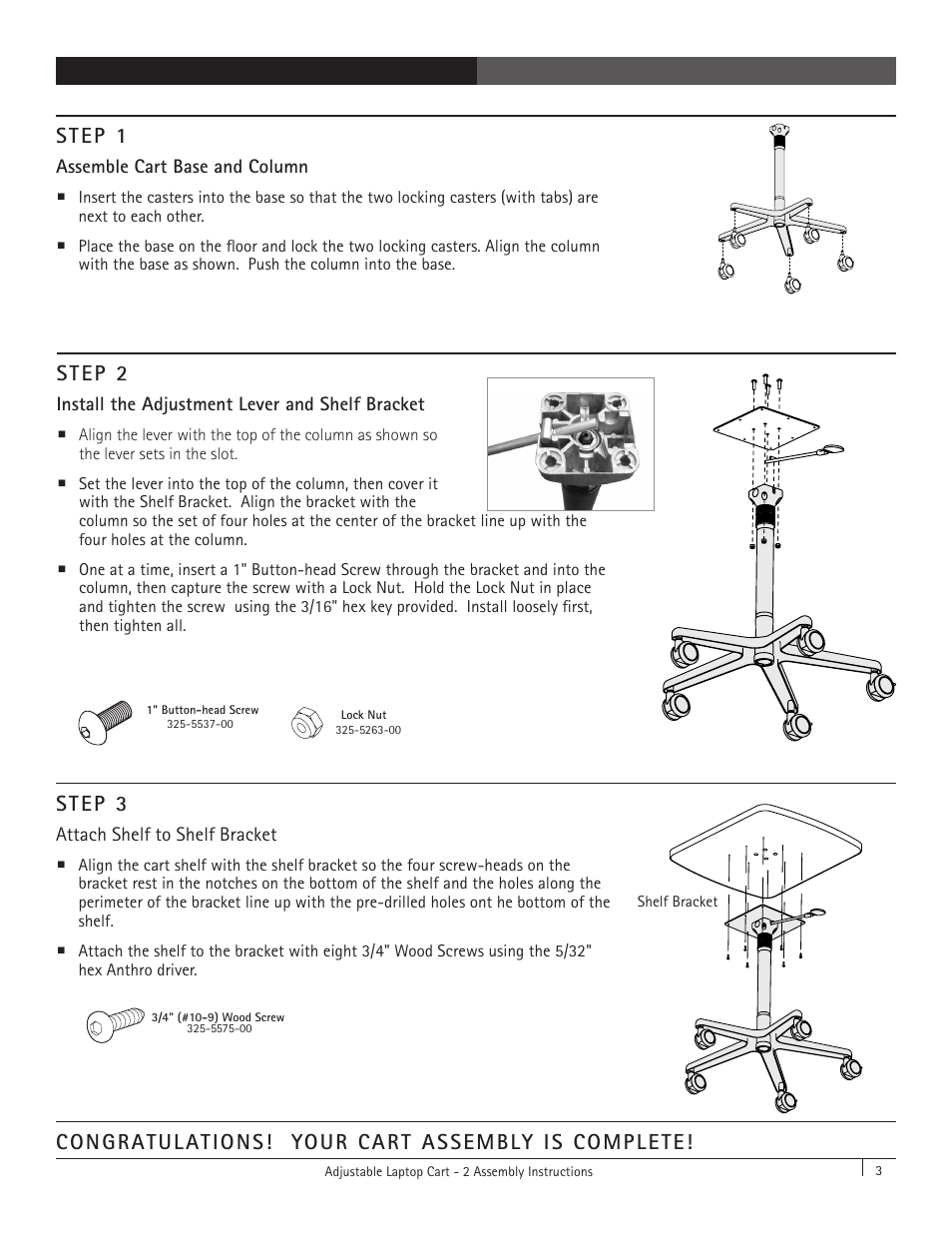 Step 1, Step 2, Step 3 | Anthro Adjustable Laptop Cart 2 Assembly Instructions User Manual | Page 3 / 4