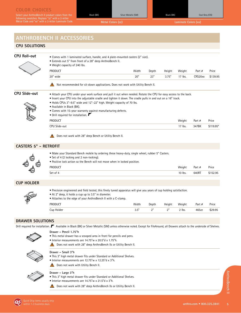 Anthrobench ii accessories, Color choices, Cpu solutions cpu roll-out | Cpu slide-out, Casters 5" - retrofit, Cup holder, Drawer solutions | Anthro Utility Bench II Spec Guide User Manual | Page 2 / 7