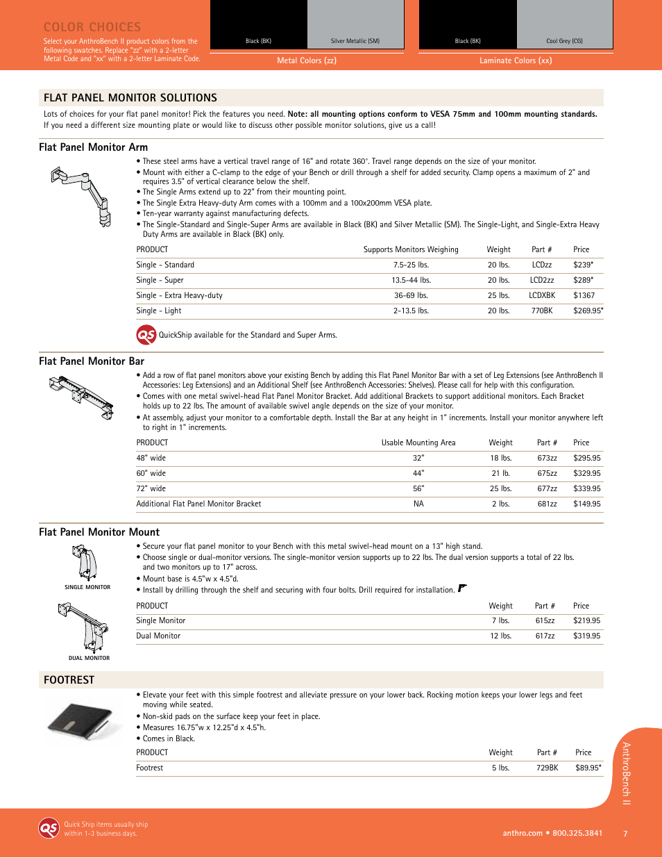 Color choices, Flat panel monitor solutions, Flat panel monitor arm | Flat panel monitor bar, Flat panel monitor mount, Footrest | Anthro Utility Bench II Spec Guide User Manual | Page 4 / 7