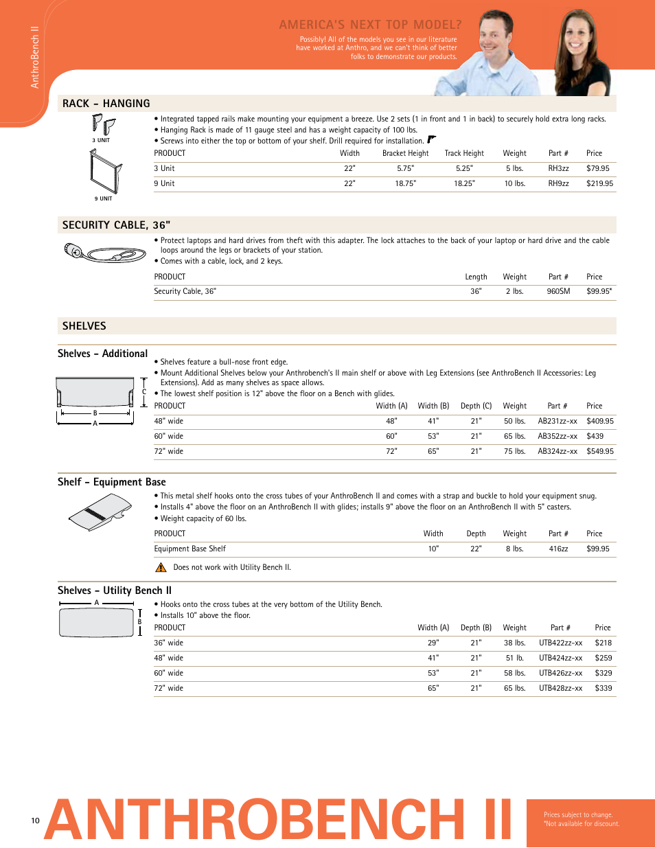 Anthrobench ii, America’s next top model, Rack - hanging | Security cable, 36, Shelves shelves - additional, Shelf - equipment base, Shelves - utility bench ii | Anthro Utility Bench II Spec Guide User Manual | Page 7 / 7