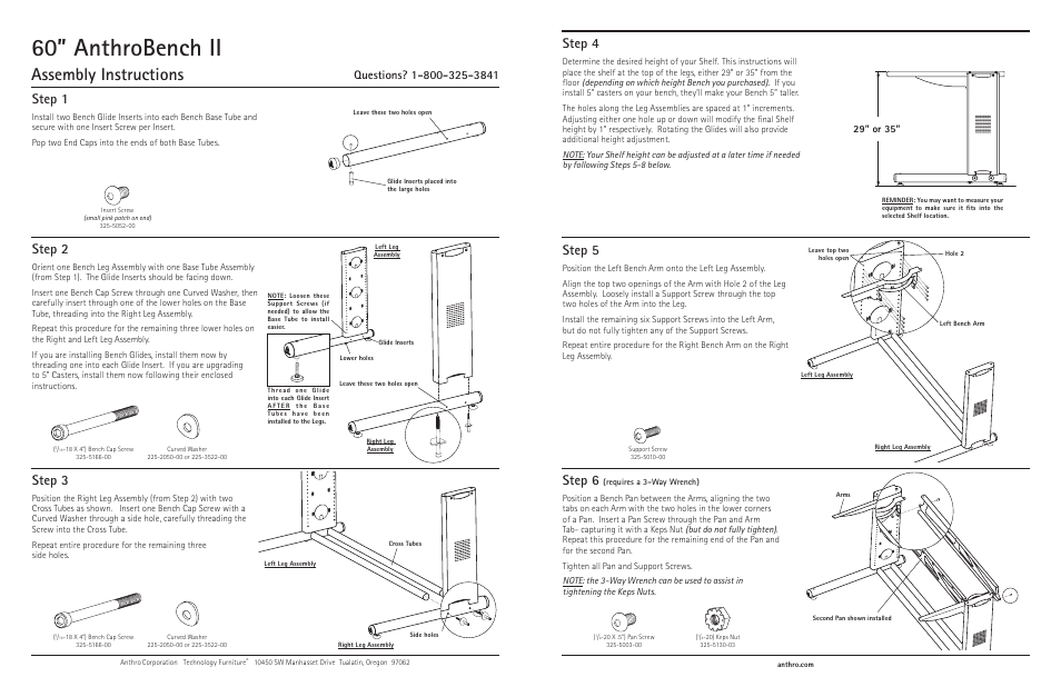 60” anthrobench ii, Assembly instructions, Step 1 | Step 4, Step 5, Step 6, Step 2, Step 3, 29” or 35 | Anthro AnthroBench II 60 Assembly Instructions User Manual | Page 2 / 2