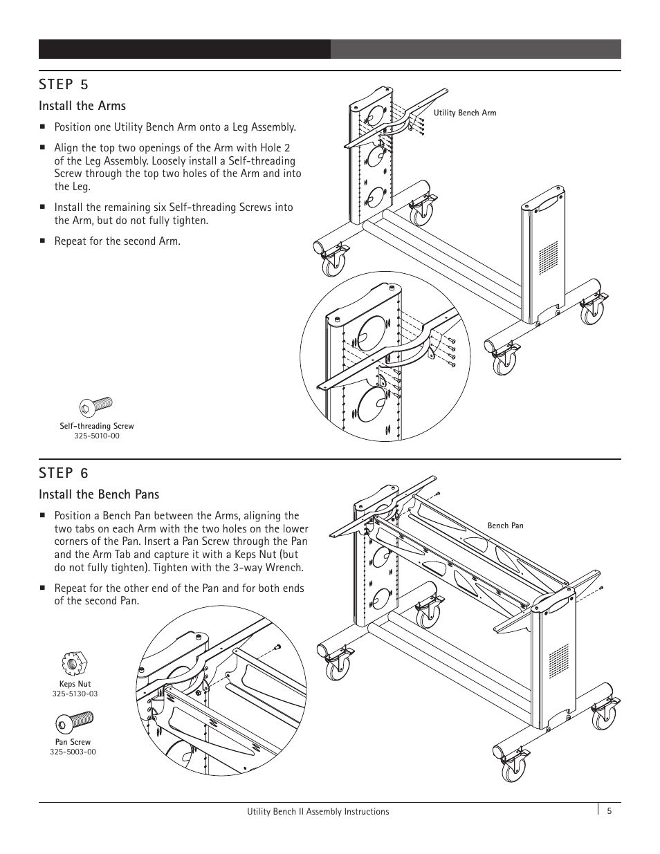 Step 5, Step 6, Install the arms | Install the bench pans | Anthro Utility Bench II Assembly Instructions User Manual | Page 5 / 7