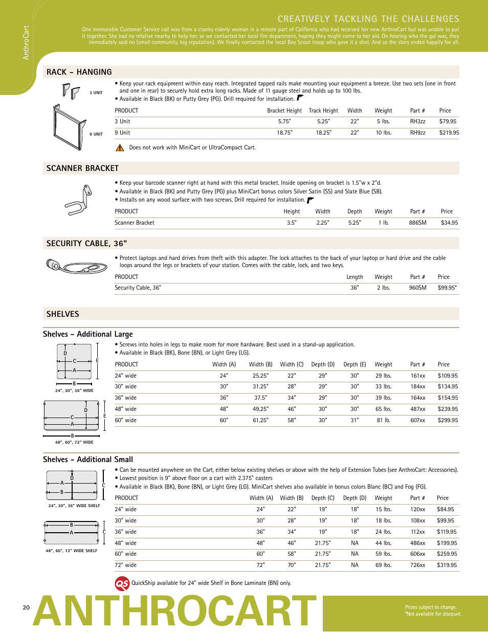 Anthrocart, Creatively tackling the challenges, Rack - hanging | Scanner bracket, Security cable, 36, Shelves shelves - additional large, Shelves - additional small | Anthro PrinterCart Spec Guide User Manual | Page 10 / 11