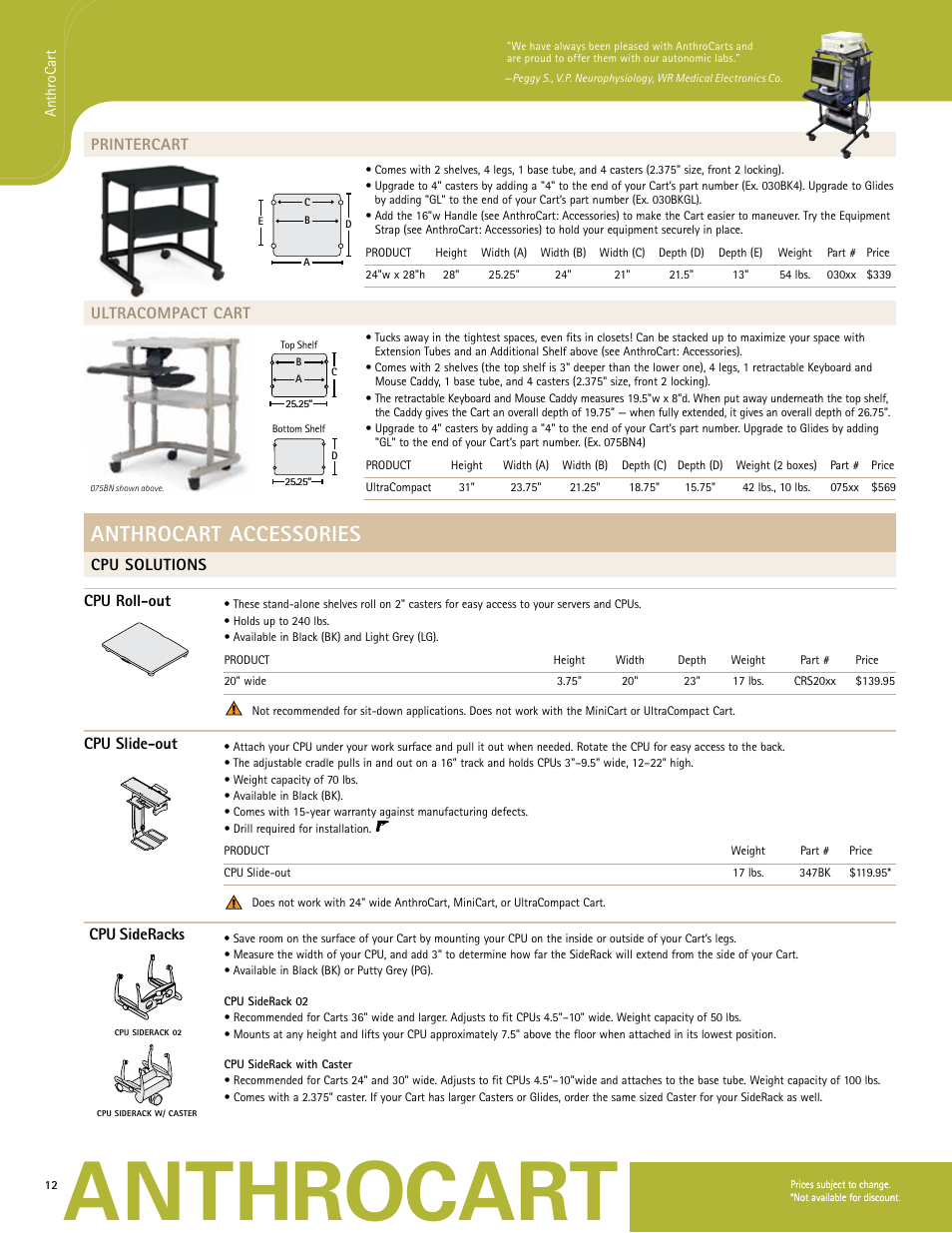 Anthrocart, Anthrocart accessories, Printercart | Ultracompact cart, Cpu solutions cpu roll-out, Cpu slide-out, Cpu sideracks | Anthro PrinterCart Spec Guide User Manual | Page 2 / 11