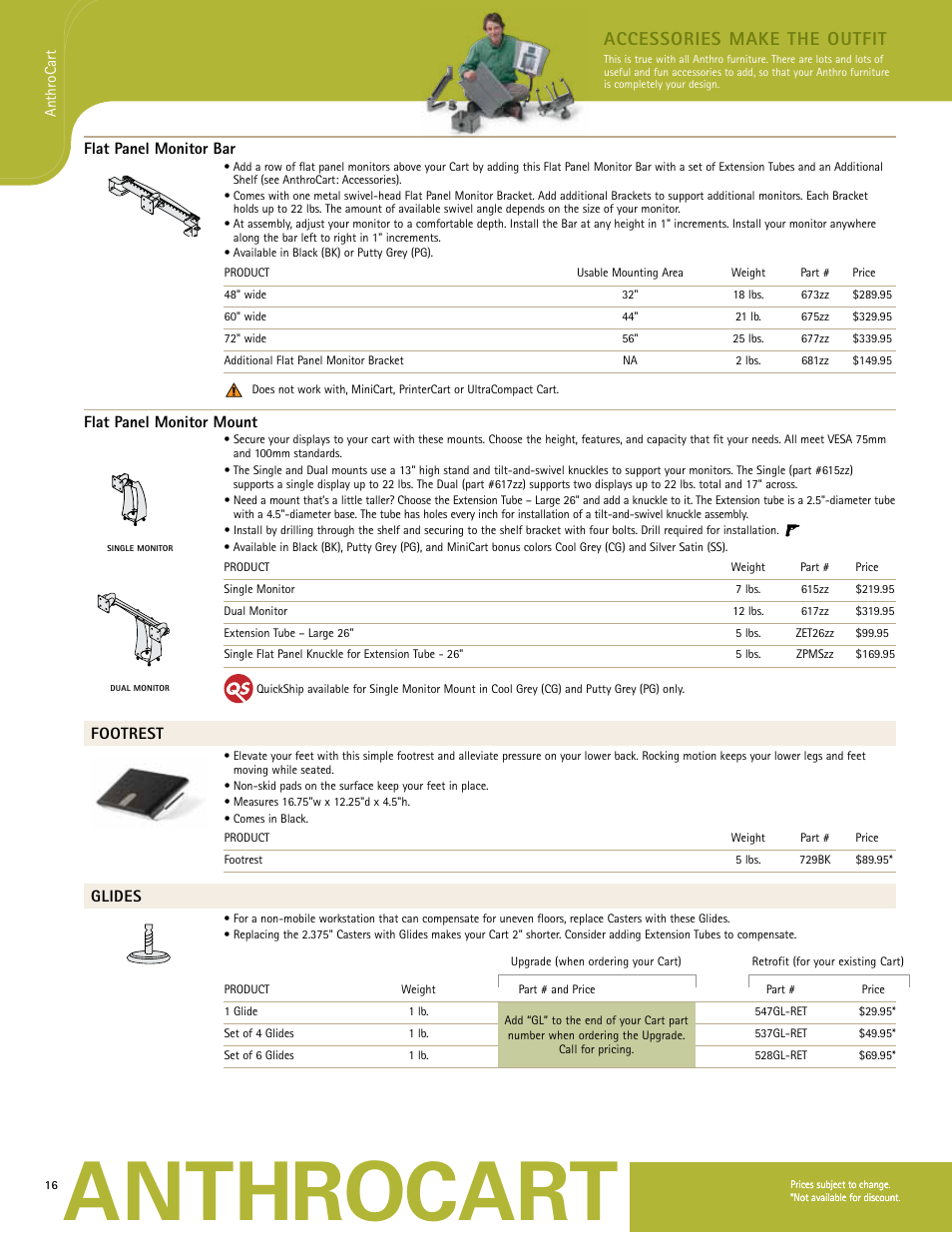 Anthrocart, Accessories make the outfit, Flat panel monitor bar | Flat panel monitor mount, Footrest, Glides | Anthro PrinterCart Spec Guide User Manual | Page 6 / 11