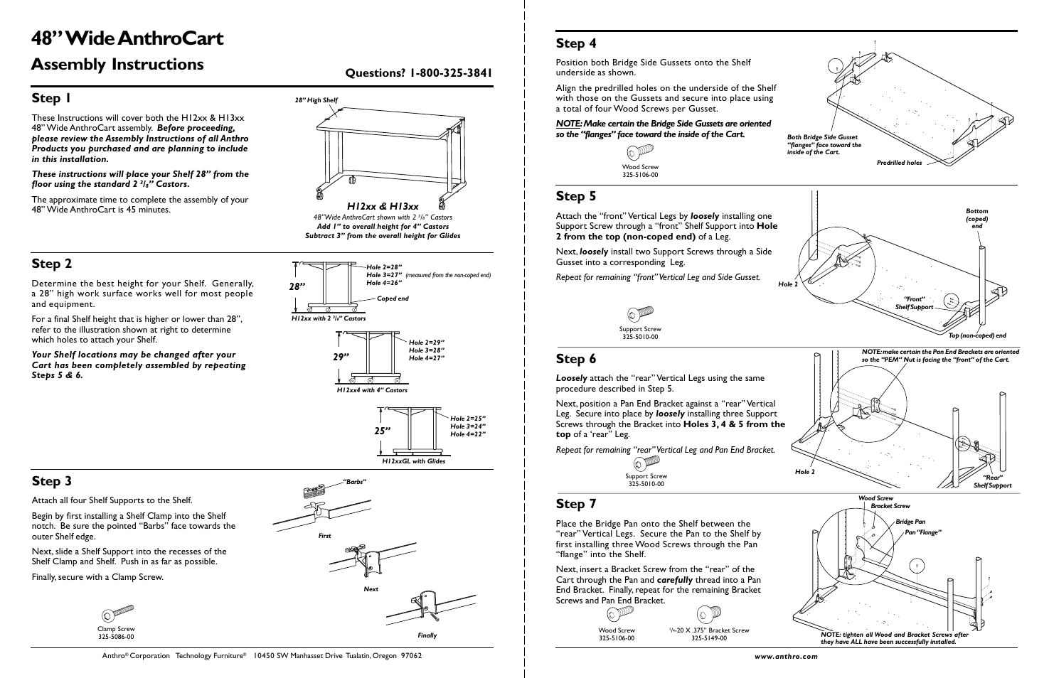48” wide anthrocart, Assembly instructions, Step 1 | Step 3, Step 4, Step 5, Step 7, Step 2, Step 6, H12xx & h13xx | Anthro Large AnthroCarts 48W Assembly Instructions User Manual | Page 2 / 2