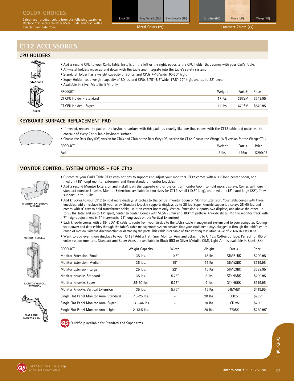 Ct12 accessories, Color choices, Cpu holders | Keyboard surface replacement pad, Monitor control system options - for ct12 | Anthro CT Cart Spec Guide User Manual | Page 2 / 6