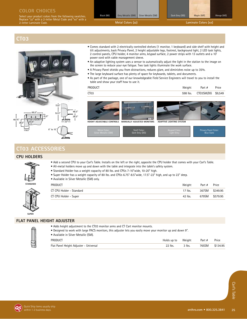 Ct03, Ct03 accessories, Color choices | Cpu holders, Flat panel height adjuster, Carl’ s t able | Anthro CT Cart Spec Guide User Manual | Page 4 / 6