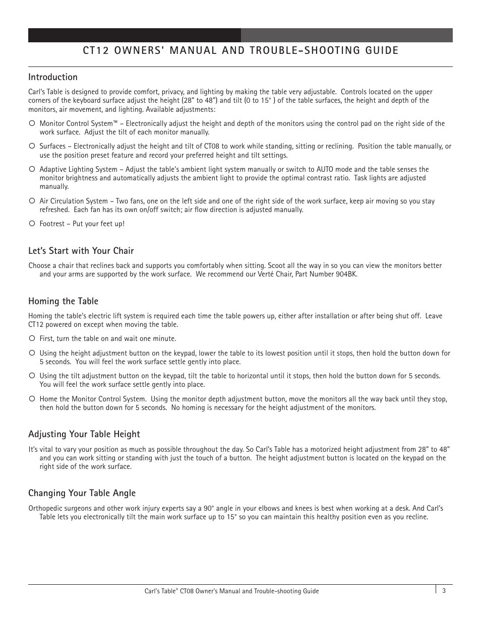 Ct12 owners' manual and trouble-shooting guide, Introduction, Let’s start with your chair | Homing the table, Adjusting your table height, Changing your table angle | Anthro Carl's Table CT12 Owners Manual User Manual | Page 3 / 8