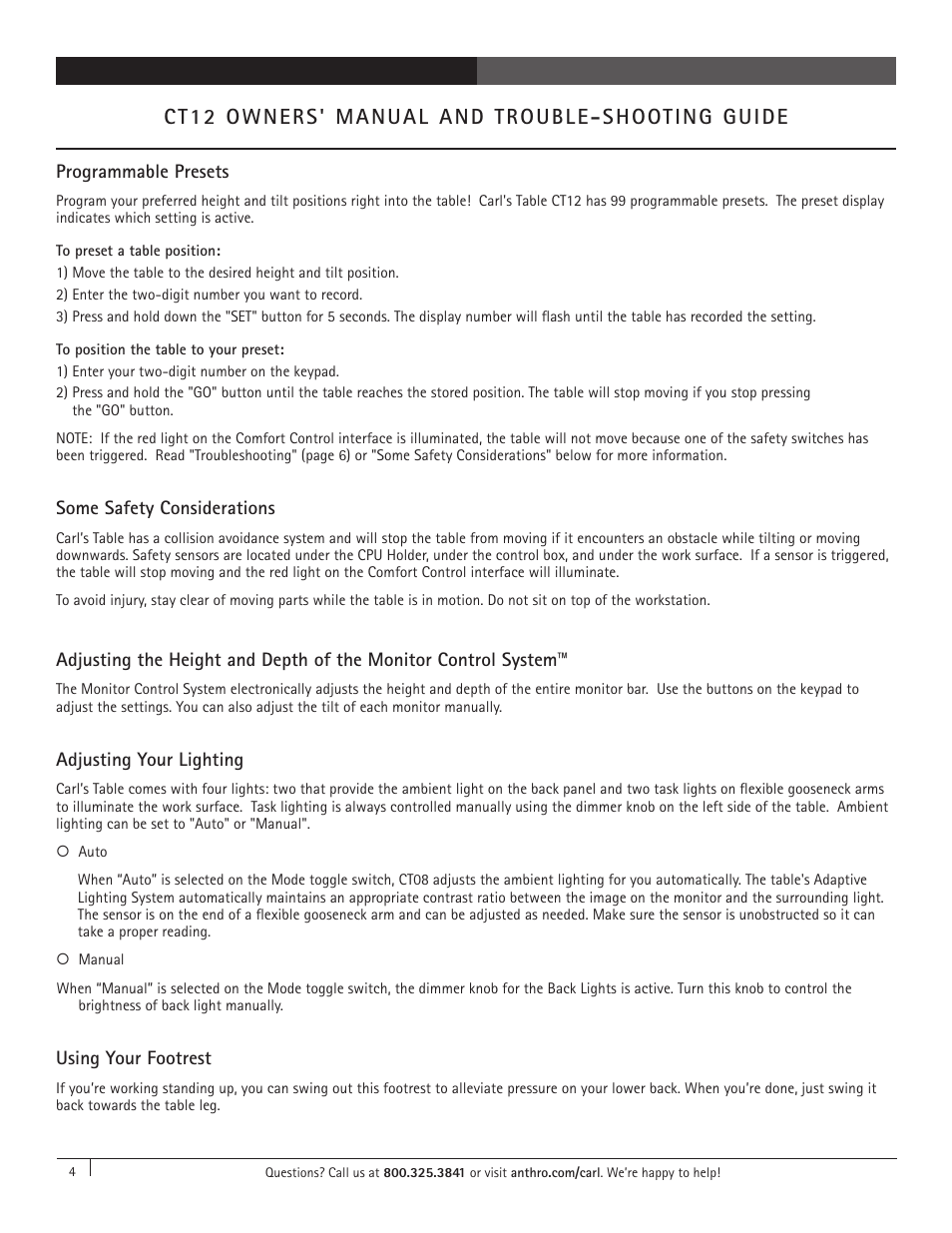 Ct12 owners' manual and trouble-shooting guide, Programmable presets, Some safety considerations | Adjusting your lighting, Using your footrest | Anthro Carl's Table CT12 Owners Manual User Manual | Page 4 / 8