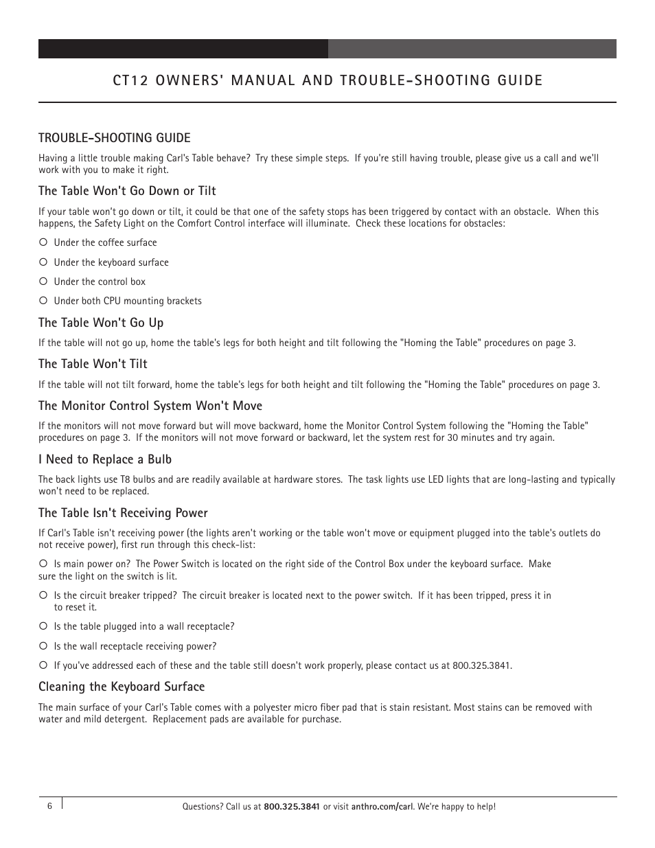 Ct12 owners' manual and trouble-shooting guide | Anthro Carl's Table CT12 Owners Manual User Manual | Page 6 / 8