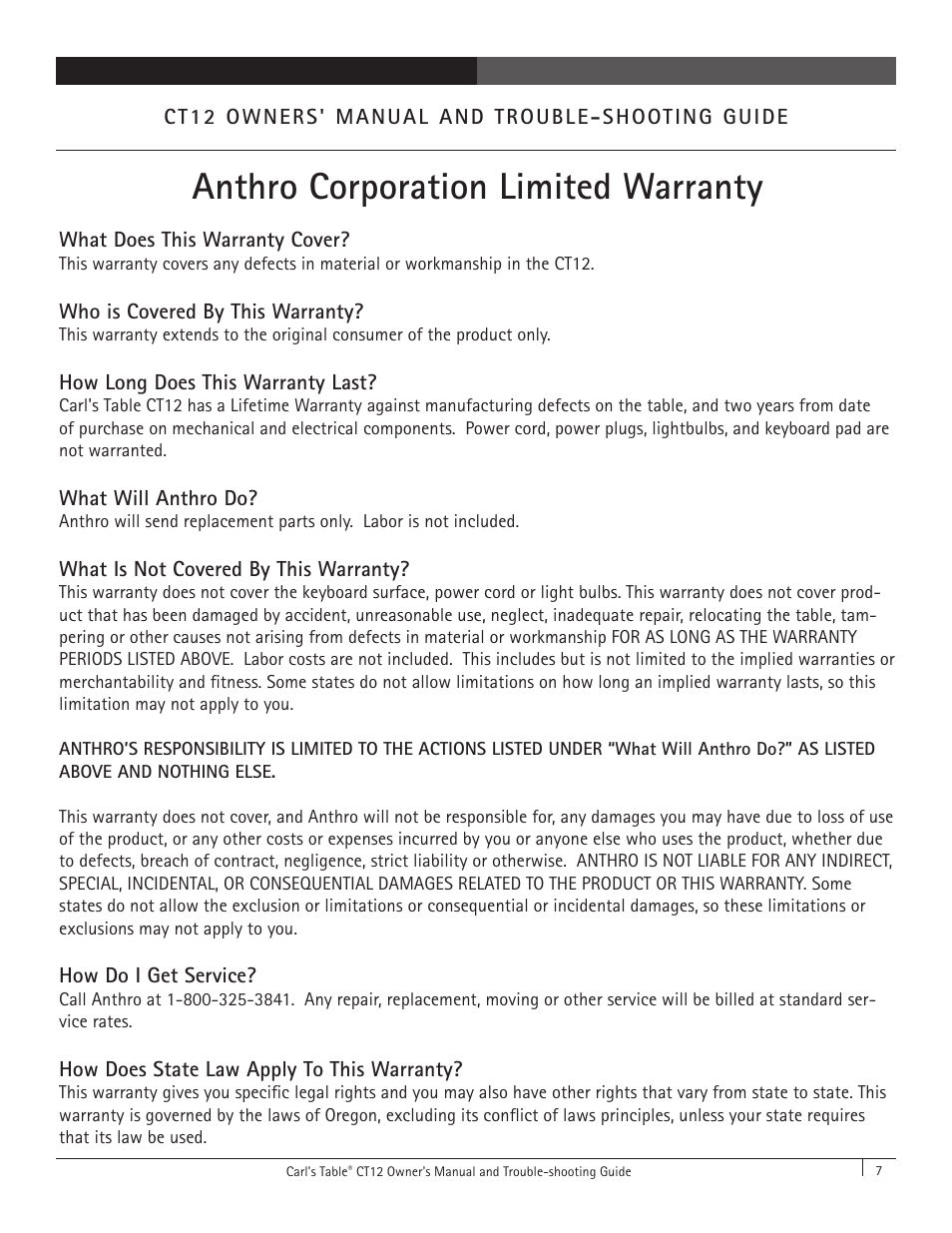 Anthro corporation limited warranty | Anthro Carl's Table CT12 Owners Manual User Manual | Page 7 / 8