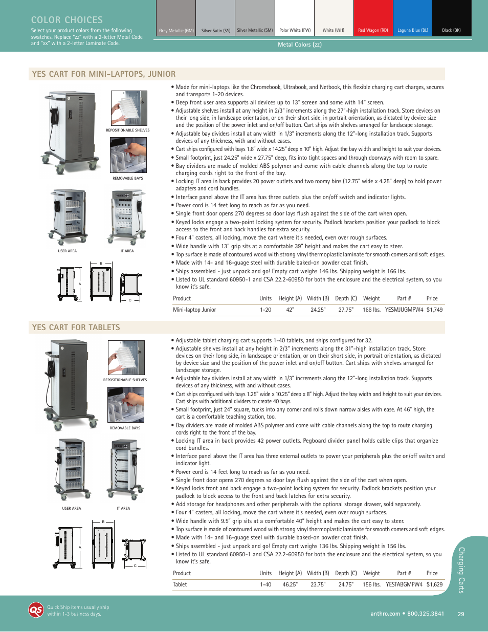 Color choices, Yes cart for mini-laptops, junior, Yes cart for tablets | Charging carts | Anthro YES Cart Spec Guide User Manual | Page 2 / 8