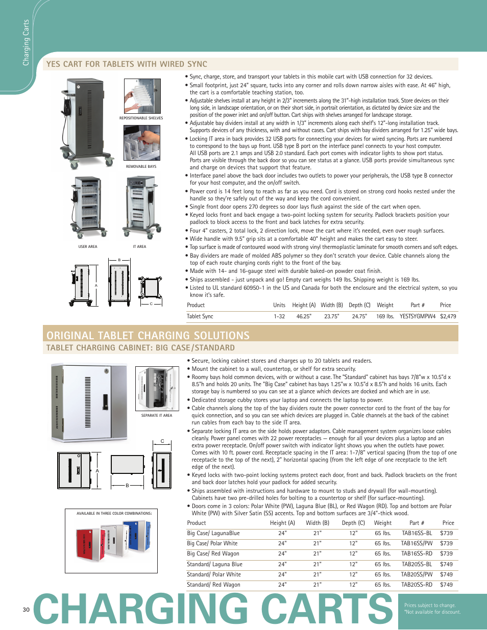 Charging carts, Original tablet charging solutions, Yes cart for tablets with wired sync | Tablet charging cabinet: big case /standard | Anthro YES Cart Spec Guide User Manual | Page 3 / 8