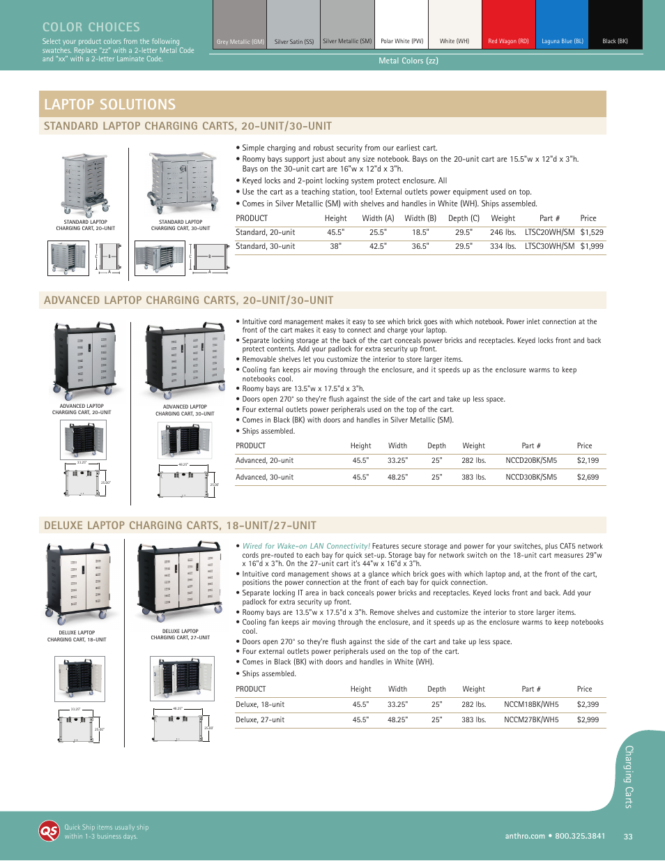 Laptop solutions, Color choices, Standard laptop charging carts, 20-unit/30-unit | Advanced laptop charging carts, 20-unit/30-unit, Deluxe laptop charging carts, 18-unit/27-unit, Charging carts | Anthro YES Cart Spec Guide User Manual | Page 6 / 8