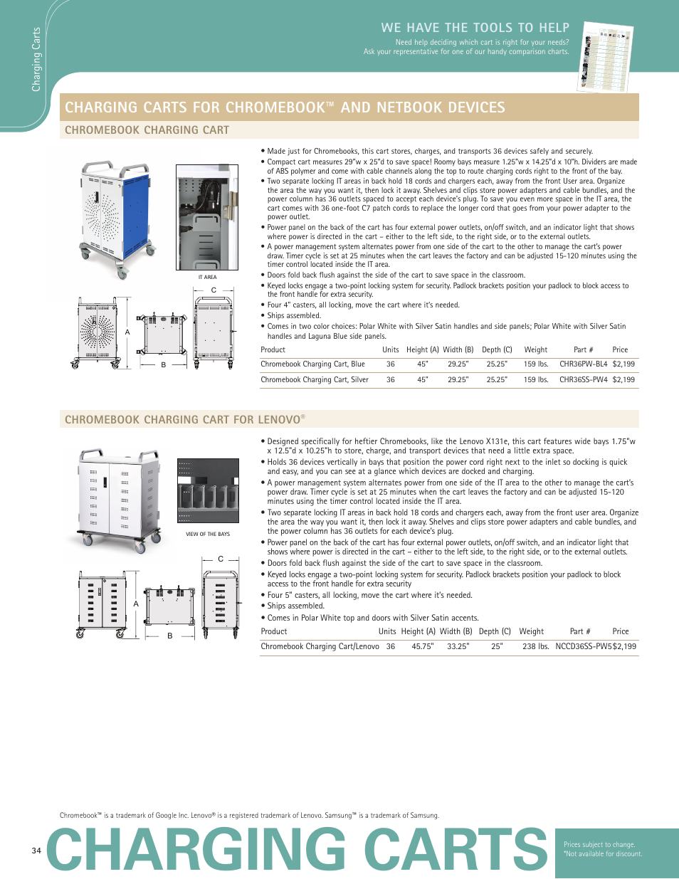 Charging carts, Charging carts for chromebook™ and netbook devices, We have the tools to help | Chromebook charging cart, Chromebook charging cart for lenovo | Anthro YES Cart Spec Guide User Manual | Page 7 / 8