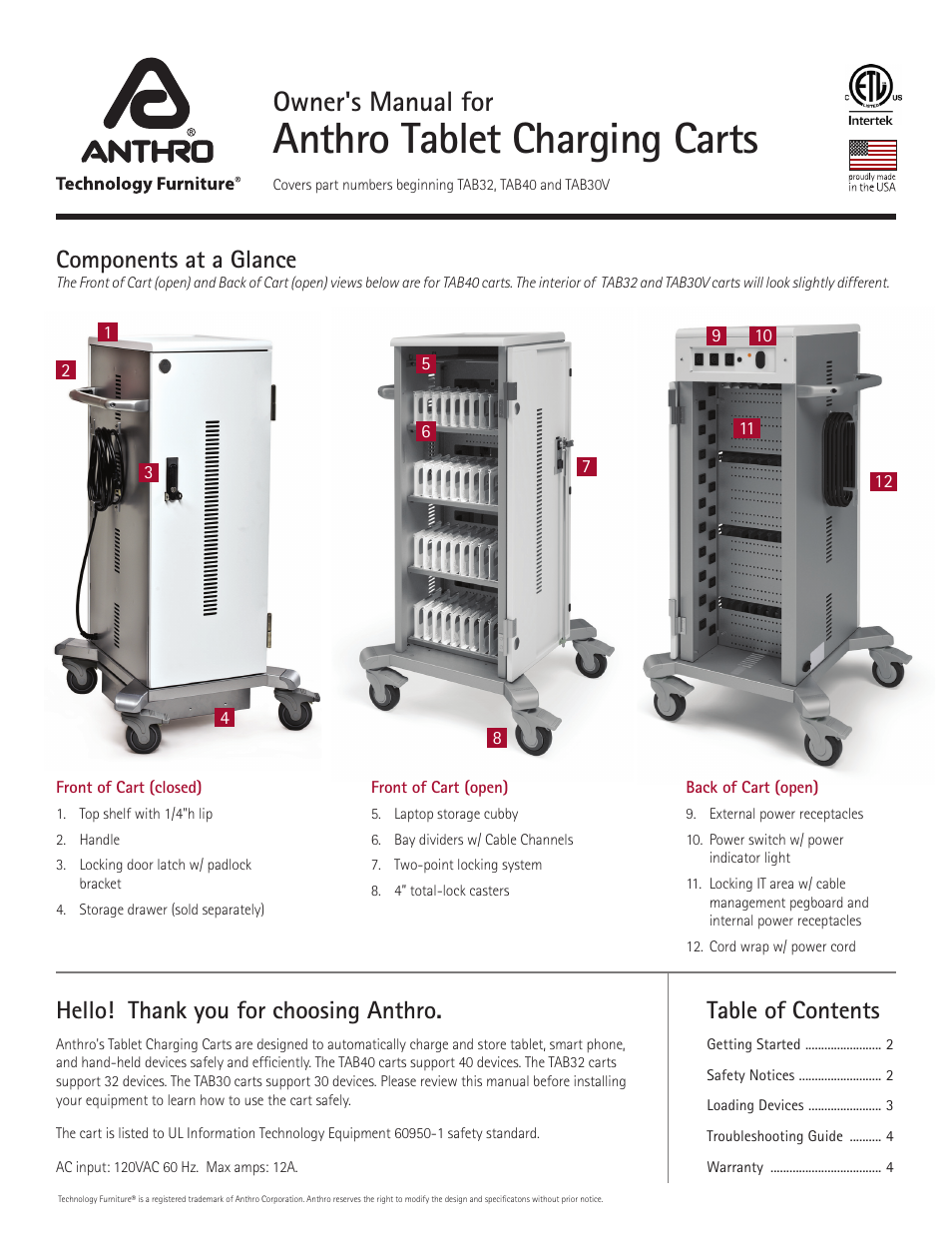Anthro Tablet Charging Carts Owners Manual User Manual | 4 pages