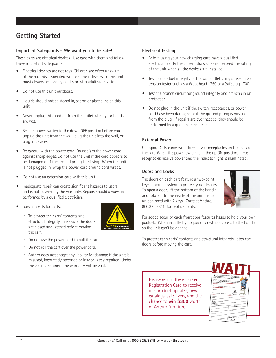 Getting started, Important safeguards - we want you to be safe, Electrical testing | External power, Doors and locks | Anthro Tablet Charging Carts Owners Manual User Manual | Page 2 / 4