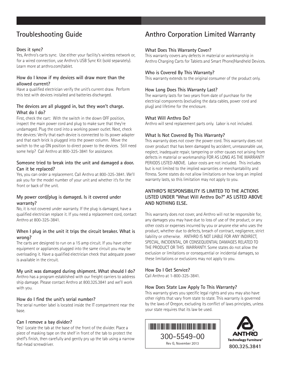 Troubleshooting guide, Anthro corporation limited warranty | Anthro Tablet Charging Carts Owners Manual User Manual | Page 4 / 4
